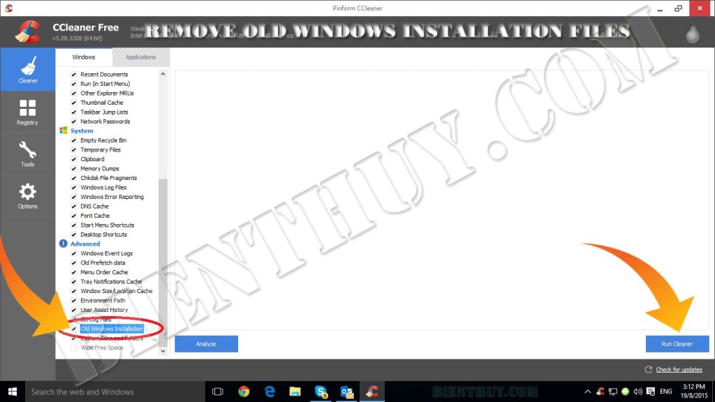 Remove Old Windows Installation Files bằng Ccleaner